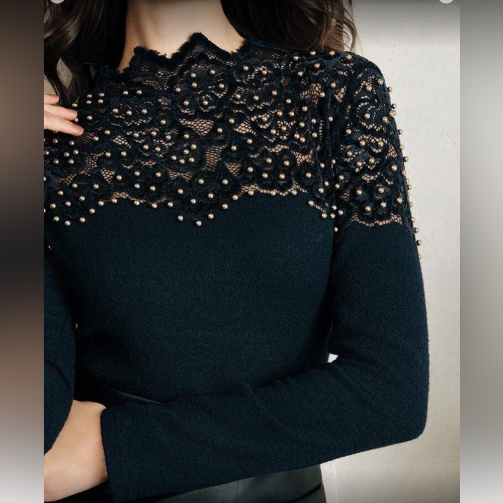 Navy Blue Lace Top with Pearl Accents